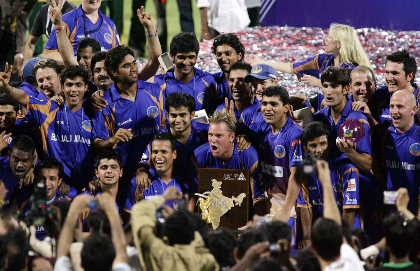 Rajasthan Royals team celebrating after winning the  inaugural IPL title. (Photo: IPL)