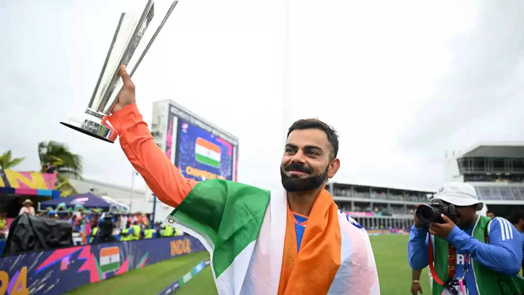 Virat Kohli celebrating India's T20 World Cup victory