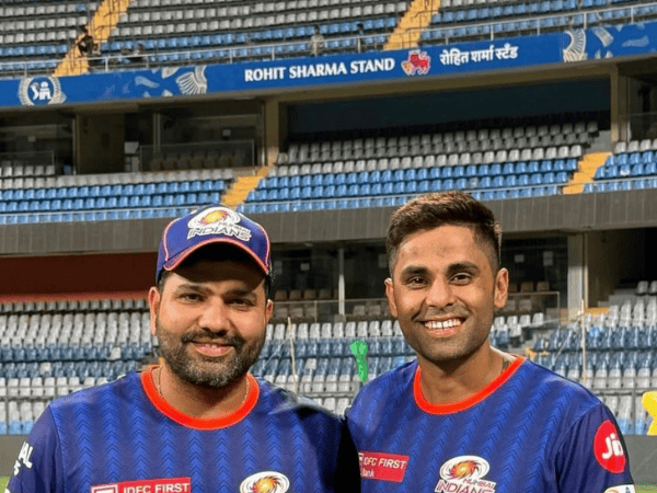 Rohit Sharma in front of his stand at Wankhede