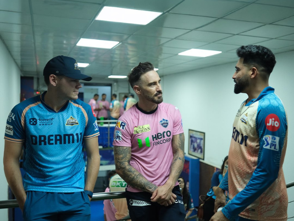 Mohammed Siraj and Gerald Coetzee with Faf du Plessis ahead of DC vs GT match