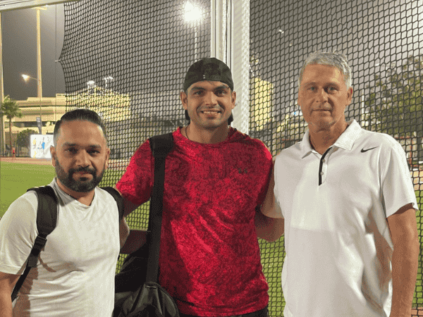 Neeraj Chopra with physio Ishaan (left) and coach Zelezny (right) (Photo- @Neeraj_chopra1 X)