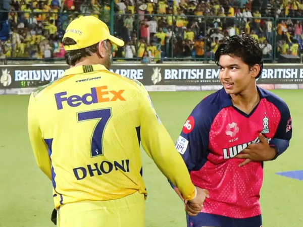 Vaibhav Suryavanshi touches Dhoni's feet