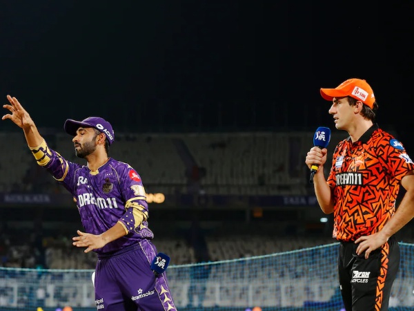 Pat Cummins and Ajinkya Rahane at the toss in the dead rubber IPL 2025 clash