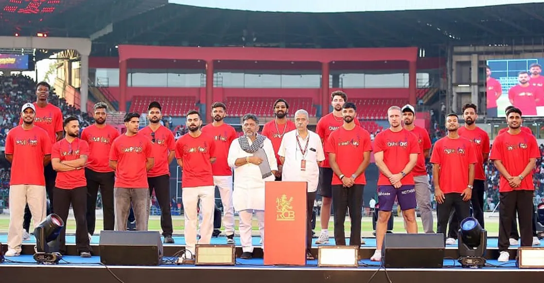 RCB celebrating maiden IPL title victory at Chinnaswamy Stadium