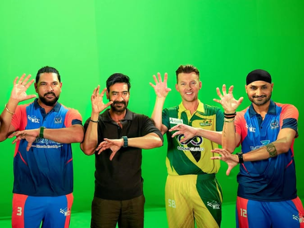 Yuvraj Singh, Harbhajan Singh, Brett Lee with Ajay Devgan