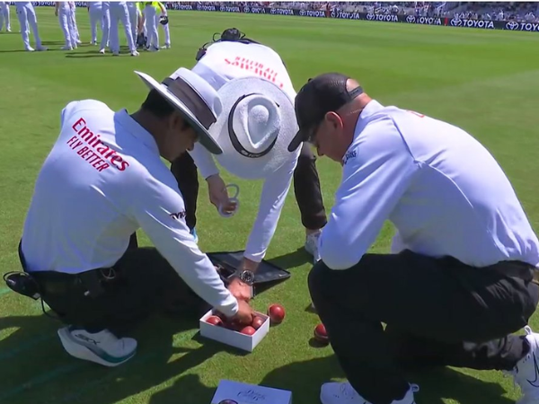 Umpires looking for a replacement ball in the first session on Day 3 of the Lord's Test