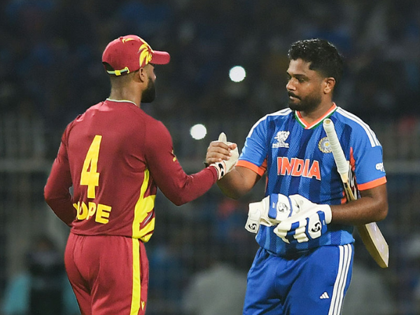 Shai Hope (Left) shaking hands with Sanju Samson (Right) (Photo: ANI)
