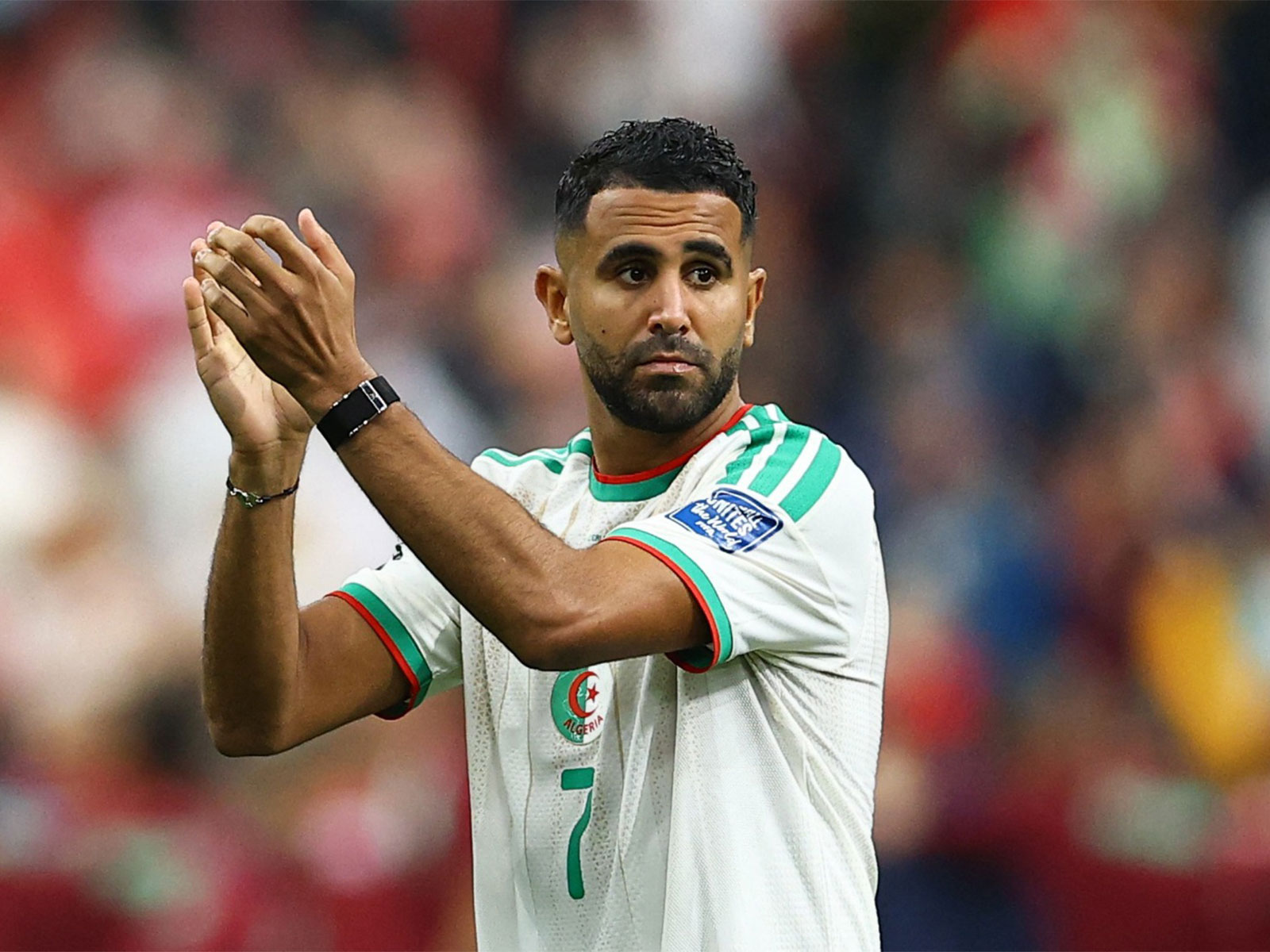 Algeria's Riyad Mahrez applauds fans after the match following their elimination from the World Cup. (Photo: Reuters)